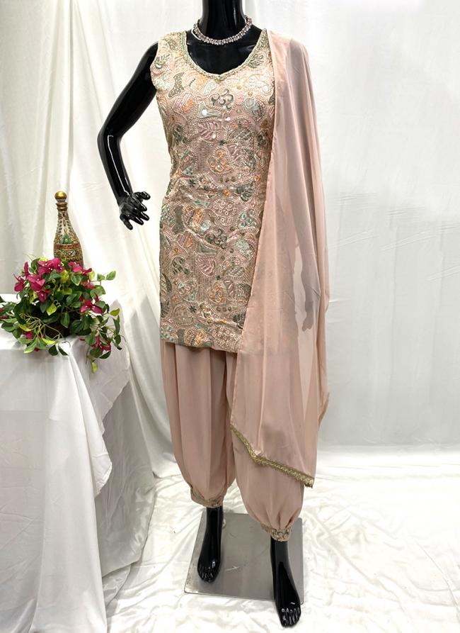 Georgette Peach Party Wear Hand Work Readymade Dhoti Suit